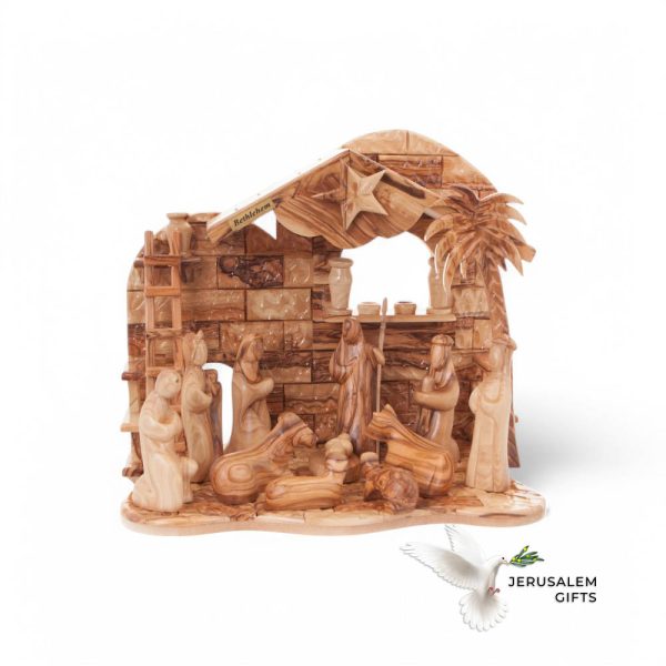 Nativity Scene Set with Music Player, 12.6" Abstract Carved Figures and Manager