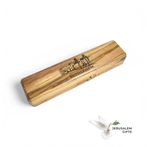 Pen Case Holder Engraved "City of Bethlehem", Handmade from Holy Land Olive Wood