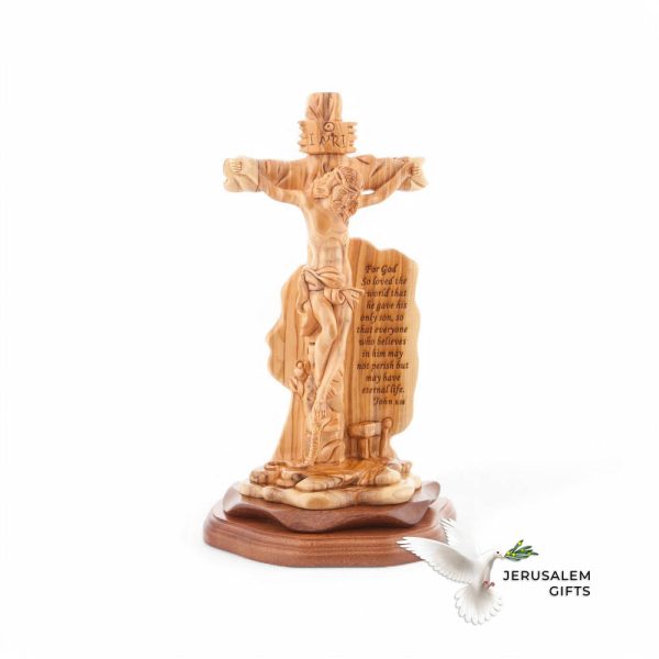 Jesus Christ "Crucified on Cross Masterpiece, 13.6" Engraved Scripture (John 3:16), Wood Sculpture