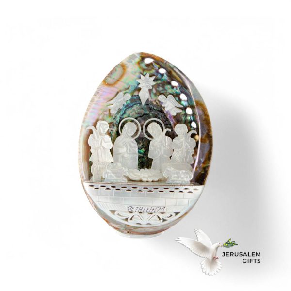 Unique Egg Shaped Abalone Shell Nativity Scene 5.5"