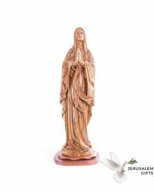 Praying Virgin Mary with a Rosary, 30" Masterpiece Olive Wood Carved Sculpture Catholic Church Art from Holy Land