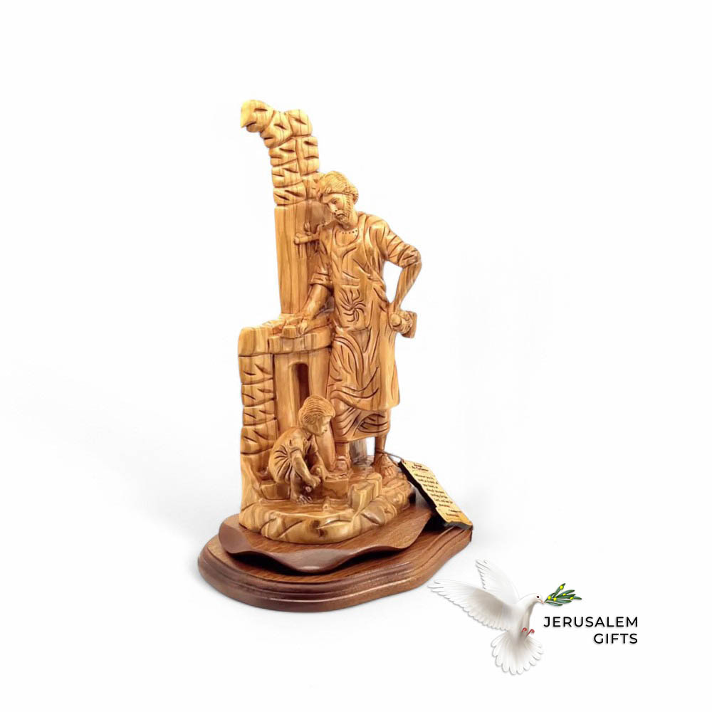 St. Joseph "The Carpenter" Jesus Playing Sculpture, 14.2" Holy Land Olive Wood Carving