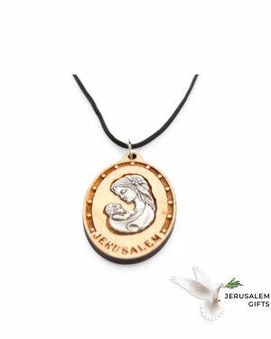 Silver Plated Virgin Mary with Baby Jesus on Olive Wood Base