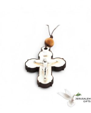 White Mother of Pearl INRI Crucifix Necklace with a Bead on Olive Wood Base