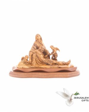 Pieta with 2 Angels, 12.2" Long Olive Wood Carving from Bethlehem, Virgin Mary with Jesus Christ
